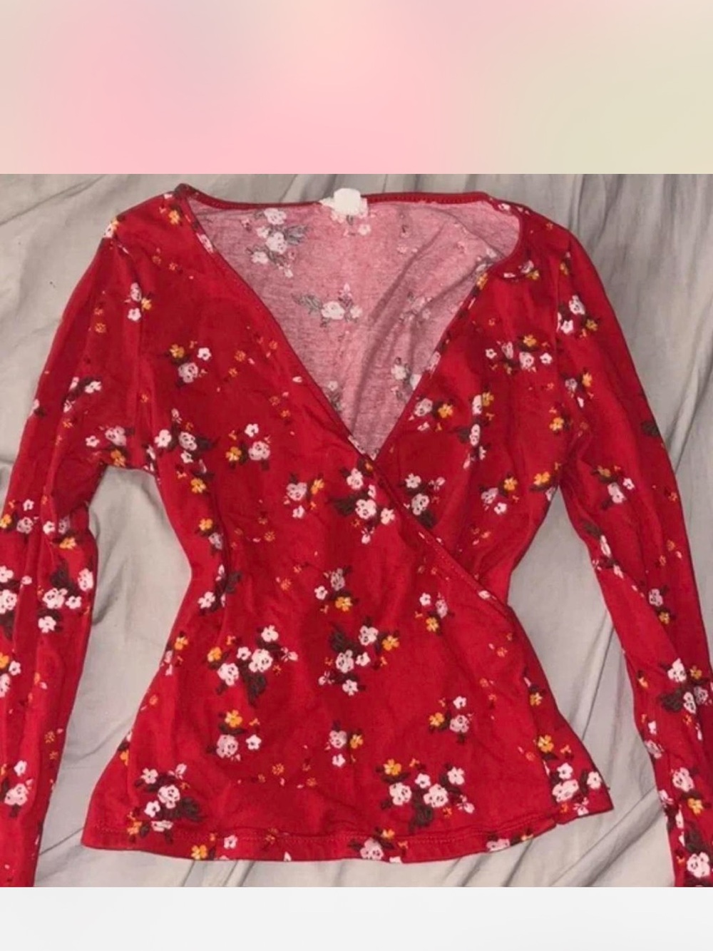 Garage Red Floral Wrap-Style Long Sleeve Top